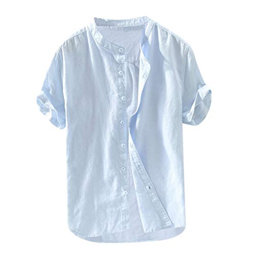 Leinenhemd Herren Kurzarm Regular fit Henley Kurzarmhemd Sommer Stehkragen Freizeithemd Casual Hemden Leichte Leinen Atmungsaktive Bequem Sommerhemden Loose Shirt (Hellblau, XXL) von RuiGuio