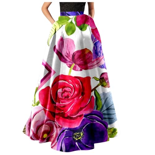 Maxirock Damen Blumen High Waist Party Lang Rock mit Tasche Blumenmuster Swing Strandrock Festlich Rock Hochzeit Cocktail Langrock (Hot Pink-a, L) von RuiGuio