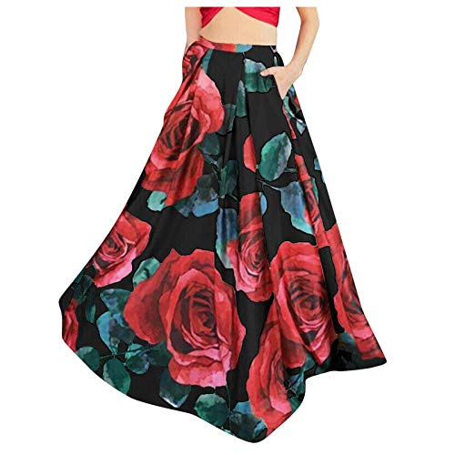 Maxirock Damen Blumen High Waist Party Lang Rock mit Tasche Blumenmuster Swing Strandrock Festlich Rock Hochzeit Cocktail Langrock (Schwarz#3, XXL) von RuiGuio