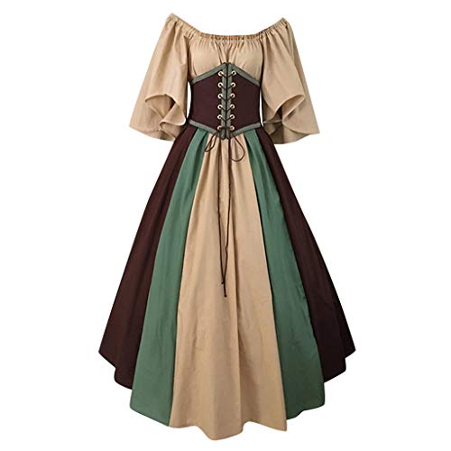 RuiGuio Damen Mittelalterliche Prinzessin Kostüm Mittelalter Kleid Renaissance mit Trompetenärmel Patchwork Vintage Retro Bodenlang Kleid Karneval Halloween Kostüm (Kaffee-a, XXXXXL) von RuiGuio