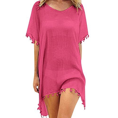 RuiGuio Damen Strandkleid,Netz Transparent Sexy Badeanzug Bikini Cover-Ups Sarong Tuch Leichte Strandponcho V-Ausschnitt Bademode Strandtunika Kleider für Urlaub (Hot Pink, One Size) von RuiGuio