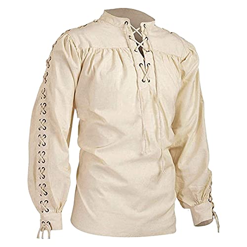 RuiGuio Herren Gothic Steampunk Hemd Mittelalter-Hemd mit Schnürung Freizeitshirt Cosplay Rüschenhemd Elegant Gothic Victorian Halloween Elegant Langarmshirt (Beige, L) von RuiGuio