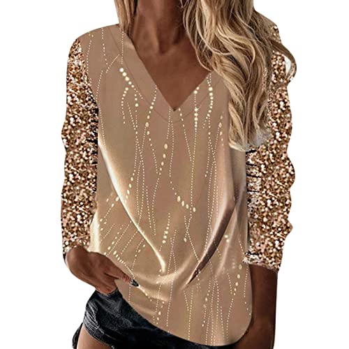 RuiGuio Pailettenoberteile Damen Glitzer Oberteile Party Bluse Elegant V-Ausschnitt Langarmshirt Mode Sweatshirt Langarm Tops T-Shirts Club Oberteile Bluse Tunika Tops Streetwear (Gold, XL) von RuiGuio