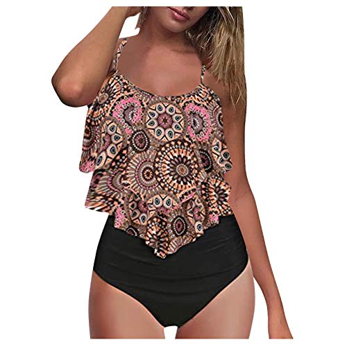 RuiGuio Tankini High Waist Damen Zweiteiliger Bikini Set Badeanzug Rüschen Bedruckt Bademode mit Hoher Taille Bikinihose Tankini High Waist Bauchweg Bademode Zweiteiliger Badeanzug (Braun, L) von RuiGuio