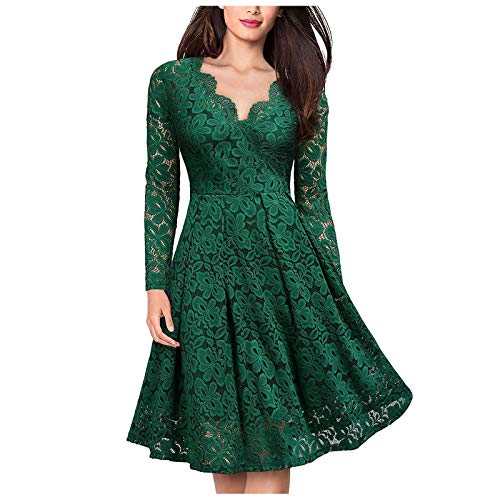 RuiGuio Spitzenkleid Damen Knielang elegant Kleid Festliche cocktailkleider Abendkleid a Linie Vintage Retro Rockabilly Kleider 1950er Spitze Brautjungfernkleider Ballkleid Cocktailkleid (Grün, XXL) von RuiGuio