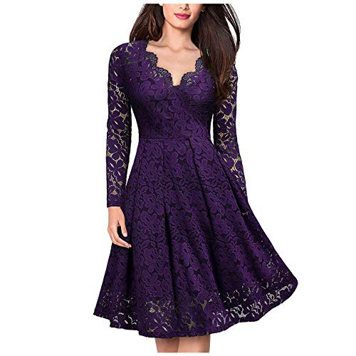 Spitzenkleid Damen Knielang elegant Kleid Festliche cocktailkleider Abendkleid a Linie Vintage Retro Rockabilly Kleider 1950er Spitze Brautjungfernkleider Ballkleid Cocktailkleid (Violett, M) von RuiGuio