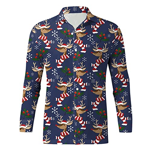 Weihnachtshemd Herren Lustig 3D Druck Hemden Langärm Freizeithemd mit Weihnachtsmotiv Langärm Slim Fit Christmas Shirt Hawaiihemd Stehkragen Christmas Shirt Slim Fit Langarmhemd Langarmshirt (Navy, S) von RuiGuio