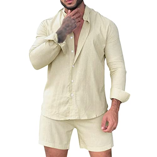 Zweiteiler Herren Leinenanzug Sommer Freizeitanzug Einfarbig 2-teilig Langarm Button-Up Stehkragen Hemd und Shorts Beach Strand Shirt Kurze Hose Set Anzug (Khaki, L) von RuiGuio