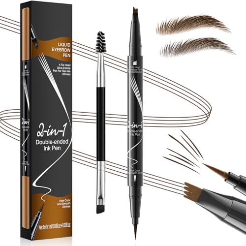 Augenbrauenstift, Microblading Augenbrauenstift, 2-in-1 Dual-Ended Eyebrow Pencil mit 4-Zinken-Micro-Gabelspitzen-Applikator & präziser Pinselspitze erzeugt natürliche Augenbrauen, Dunkelbraun von Ruicen