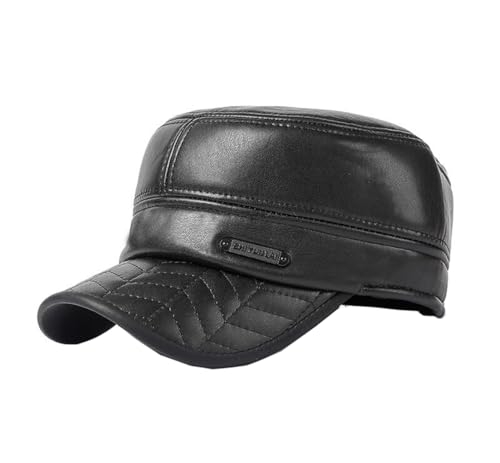 Ruicheng PU Leder Army Cap Herren Winter Militärmützen Baseballmütze mit Ohrenklappen Innenfutter Flat Top Kappe (Schwarz) von Bhgytec