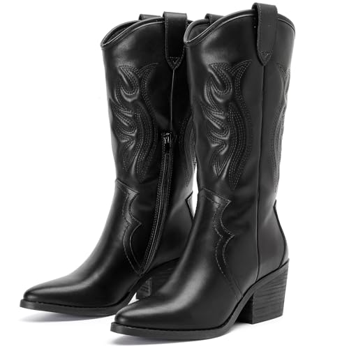 Ruiee Damen Cowboystiefel Western Mid Calf Cowgirl Chunky Heeled Booties Pointed Toe Comfort Casual Fashion Calf High Short Boots for Women, Schwarz PU 977, 39 EU von Ruiee