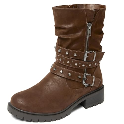 Ruiee Damen Extra Breite Stiefeletten True Plus Size Wide Foot Low Heel Slouchy Booties Comfort Riding Combat Rivet Short Boots for Women, Braun PU 372, 10.5 X-Wide Ruiee Damen Extra Breite Stiefeletten True Plus Size Wide Foot Low Heel Slouchy Booties Comfort Riding Combat Rivet Short Boots for Women, Braun PU 372, 10.5 X-Wide von Ruiee
