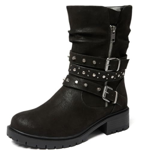 Ruiee Damen Extra Breite Stiefeletten True Plus Size Wide Foot Low Heel Slouchy Booties Comfort Riding Combat Rivet Short Boots for Women, Schwarz PU 372, 8 X-Wide Ruiee Damen Extra Breite Stiefeletten True Plus Size Wide Foot Low Heel Slouchy Booties Comfort Riding Combat Rivet Short Boots for Women, Schwarz PU 372, 8 X-Wide von Ruiee