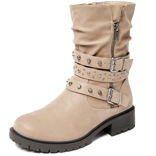 Ruiee Damen Extra Breite Stiefeletten True Plus Size Wide Foot Low Heel Slouchy Booties Comfort Riding Combat Rivet Short Boots for Women, Taupe PU 372, 11.5 X-Wide von Ruiee