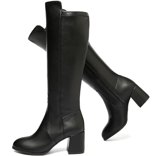 Ruiee Damen Extra Wide Calf Knee High Boots True Wide Wide Chunky Heeled Boot Comfortable Plus Size Tall Long Gogo Boots for Women, Schwarz PU 370, 9.5 X-Wide Ruiee Damen Extra Wide Calf Knee High Boots True Wide Wide Chunky Heeled Boot Comfortable Plus Size Tall Long Gogo Boots for Women, Schwarz PU 370, 9.5 X-Wide von Ruiee