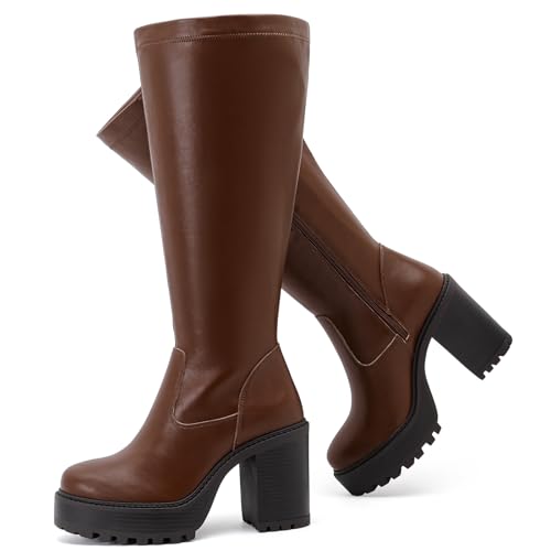Ruiee Damen Extra Wide Calf Knee High Boots True Wide Width Platform Chunky Heeled Gogo Boots Rounded Toe Block Heel Tall Boot for Women, Braun PU 369, 10 X-Wide von Ruiee