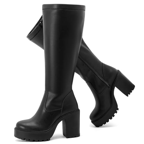 Ruiee Damen Extra Wide Calf Knee High Boots True Wide Width Platform Chunky Heeled Gogo Boots Rounded Toe Block Heel Tall Boot for Women, Schwarz PU 369, 10 X-Wide von Ruiee