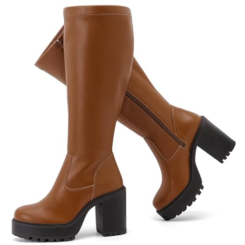 Ruiee Damen Extra Wide Calf Knee High Boots True Wide Width Platform Chunky Heeled Gogo Boots Rounded Toe Block Heel Tall Boot for Women, Taupe PU 369, 10.5 X-Wide von Ruiee