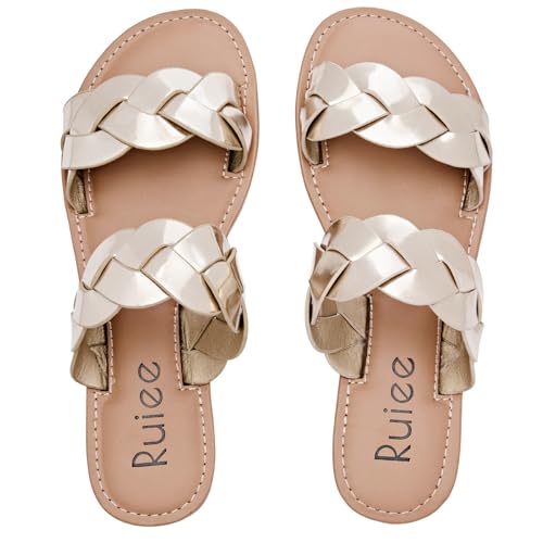 Ruiee Damen Flache Slides Sandalen Sommer Hausschuhe Bequeme Geflochtene Riemen Runde Offene Zehe Lässige Strandschuhe für Frauen, Gold 081, 37.5 EU von Ruiee