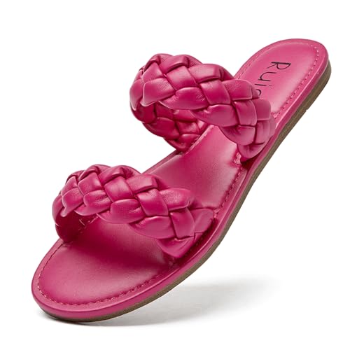 Ruiee Damen Flache Slides Sandalen Sommer Hausschuhe Bequeme Geflochtene Riemen Runde Offene Zehe Lässige Strandschuhe für Frauen, Hot Pink 002, 36 EU von Ruiee