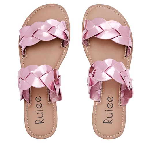 Ruiee Damen Flache Slides Sandalen Sommer Hausschuhe Bequeme Geflochtene Riemen Runde Offene Zehe Lässige Strandschuhe für Frauen, Pink 081, 38.5 EU von Ruiee