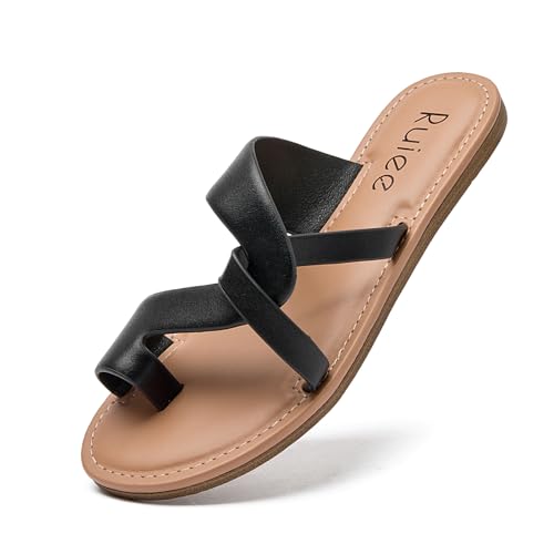 Ruiee Damen Flache Slides Sandalen Sommer Hausschuhe Bequeme Geflochtene Riemen Runde Offene Zehe Lässige Strandschuhe für Frauen, Schwarz 003, 41 EU von Ruiee