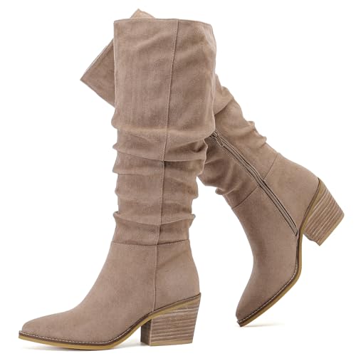 Ruiee Damen Kniehohe Stiefel breite Wade Chunky Block Low Heel und Slouchy Pointed Toe Winter Lange Stiefel für Frauen, Beige Mf 961, 39 EU von Ruiee