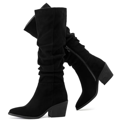 Ruiee Damen Kniehohe Stiefel breite Wade Chunky Block Low Heel und Slouchy Pointed Toe Winter Lange Stiefel für Frauen, Schwarz Mf 961, 39.5 EU von Ruiee