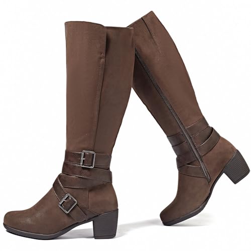 Ruiee Damen Kniehohe Stiefel mit klobigem Absatz, spitzer Zehenbereich, bequem und modisch für Herbst und Winter für Damen., Braun Zpu 304, 37 EU von Ruiee