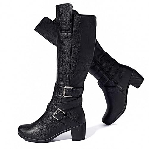 Ruiee Damen Kniehohe Stiefel mit klobigem Absatz, spitzer Zehenbereich, bequem und modisch für Herbst und Winter für Damen., Schwarz PU 303, 39.5 EU von Ruiee