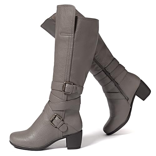 Ruiee Damen Kniehohe Stiefel mit klobigem Absatz, spitzer Zehenbereich, bequem und modisch für Herbst und Winter für Damen., Taupe PU 303, 38 EU von Ruiee
