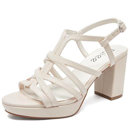 Ruiee Damen Plateau Heels Chunky Heeled Sandalen Knöchel Riemchen Runde Offene Zehen Elegante Schuhe Hochzeit Party High Pump Heels für Frauen, Beige 093, 38 EU von Ruiee