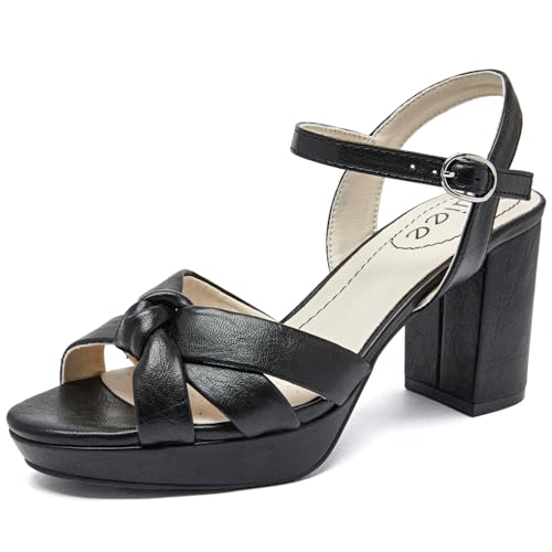 Ruiee Damen Plateau Heels Chunky Heeled Sandalen Knöchel Riemchen Runde Offene Zehen Elegante Schuhe Hochzeit Party High Pump Heels für Frauen, Schwarz 086, 37.5 EU von Ruiee