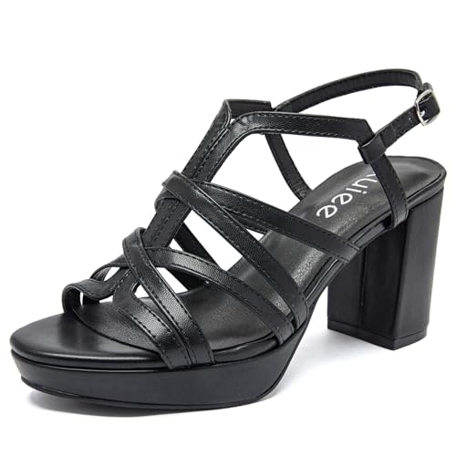 Ruiee Damen Plateau Heels Chunky Heeled Sandalen Knöchel Riemchen Runde Offene Zehen Elegante Schuhe Hochzeit Party High Pump Heels für Frauen, Schwarz 093, 39 EU von Ruiee