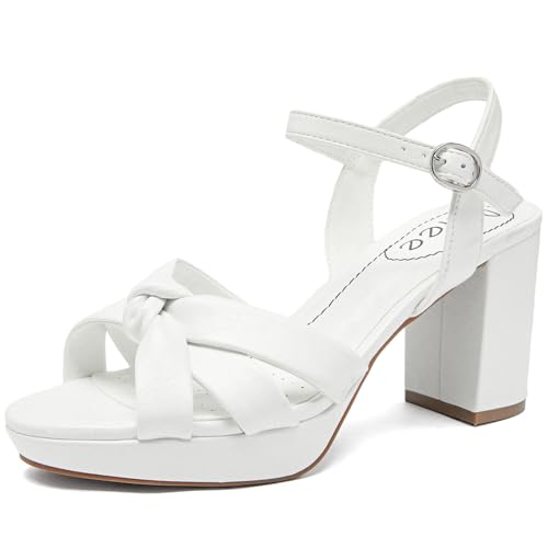 Ruiee Damen Plateau Heels Chunky Heeled Sandalen Knöchel Riemchen Runde Offene Zehen Elegante Schuhe Hochzeit Party High Pump Heels für Frauen, Weiß 086, 41 EU von Ruiee