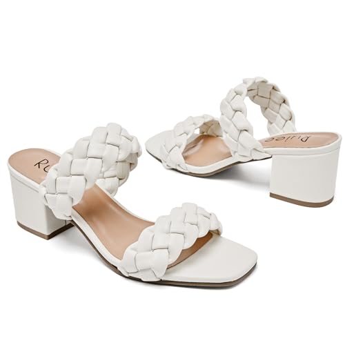 Ruiee Damen-Sandalen mit Absatz und geflochtenem Absatz, quadratisch, offene Zehen, Slides, Slip-on, klobiger Absatz, elegante Sommerschuhe für Damen., Beige 085, 37.5 EU von Ruiee