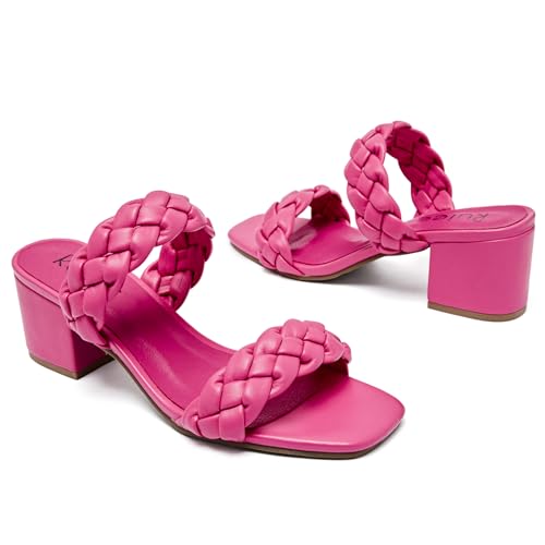 Ruiee Damen-Sandalen mit Absatz und geflochtenem Absatz, quadratisch, offene Zehen, Slides, Slip-on, klobiger Absatz, elegante Sommerschuhe für Damen., Pink 085, 39.5 EU von Ruiee