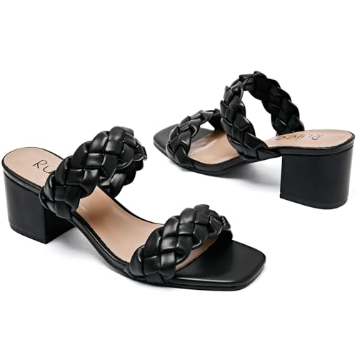Ruiee Damen-Sandalen mit Absatz und geflochtenem Absatz, quadratisch, offene Zehen, Slides, Slip-on, klobiger Absatz, elegante Sommerschuhe für Damen., Schwarz 085, 37.5 EU von Ruiee