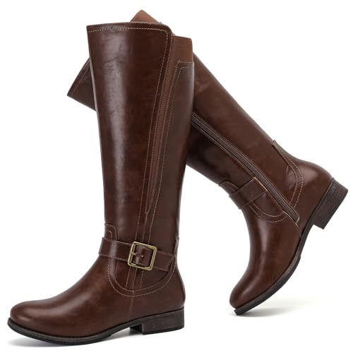 Ruiee Damen Slouchy Kniehohe Stiefel Bequeme breite Wade Plattform Flach Hohe Stiefel Stilvolle Runde Zehen Herbst Winter Casual Stiefel für Frauen, Braun PU 281, 39 EU von Ruiee