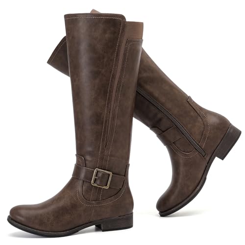 Ruiee Damen Slouchy Kniehohe Stiefel Bequeme breite Wade Plattform Flach Hohe Stiefel Stilvolle Runde Zehen Herbst Winter Casual Stiefel für Frauen, Dunkelbraun PU 281, 40 EU von Ruiee