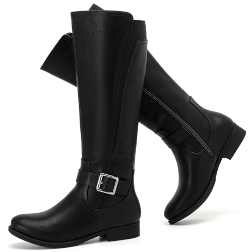 Ruiee Damen Slouchy Kniehohe Stiefel Bequeme breite Wade Plattform Flach Hohe Stiefel Stilvolle Runde Zehen Herbst Winter Casual Stiefel für Frauen, Schwarz PU 281, 38 EU von Ruiee