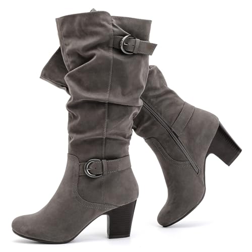 Ruiee Damen Slouchy Kniehohe Stiefel mit klobigem Absatz, spitzer Zehenbereich, bequem und modisch für Herbst und Winter für Damen., Grau Zpu 301, 37.5 EU von Ruiee