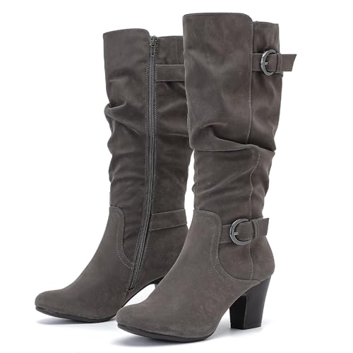 Ruiee Damen Slouchy Kniehohe Stiefel mit klobigem Absatz, spitzer Zehenbereich, bequem und modisch für Herbst und Winter für Damen., Grau Zpu 301, 42 EU von Ruiee