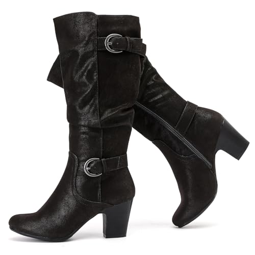 Ruiee Damen Slouchy Kniehohe Stiefel mit klobigem Absatz, spitzer Zehenbereich, bequeme und modische Herbst-Winterstiefel für Damen., Schwarz Zpu 301, 40 EU von Ruiee