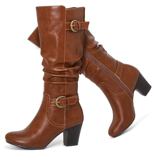 Ruiee Damen Slouchy Kniehohe Stiefel mit klobigem Absatz, spitzer Zehenbereich, bequeme und modische Herbst-Winterstiefel für Damen., Braun Lpu 301, 38.5 EU von Ruiee