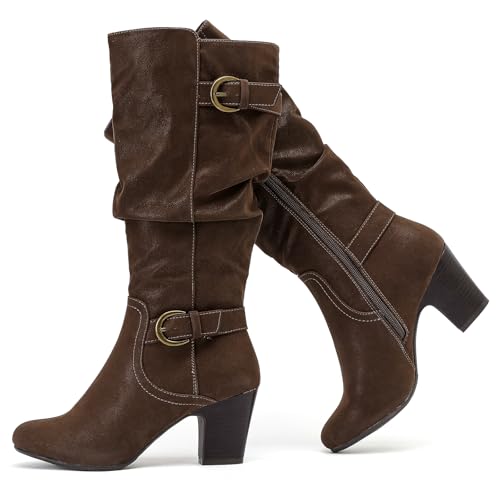 Ruiee Damen Slouchy kniehohe Stiefel mit klobigem Absatz, spitze Zehen, bequem und modisch, Herbst, Winter, lange Stiefel für Damen., Braun Zpu 301, 41 EU von Ruiee