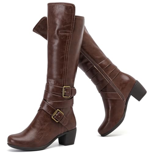 Ruiee Damen Kniehohe Stiefel Mode Komfort Chunky Heel Hohe Stiefel Klassische Spitze Zehen Herbst Winter Niedriger Mittelabsatz Lange Stiefel für Frauen, Braun Lpu 303, 39 EU von Ruiee