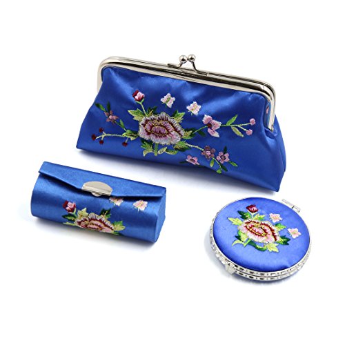 Ruilogod 3 in 1 blauen Stickerei-Spiegel Lippenstift Box Geldbörse Set Makeup Speicher Geschenk Kit von Ruilogod
