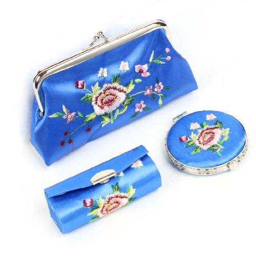 Ruilogod 3 in 1 gestickten Blumen Wallet Spiegel Lippenstift-Halter-Kasten-Blau von Ruilogod