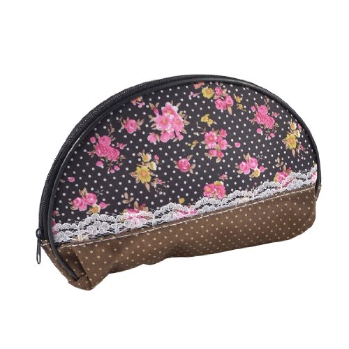 Ruilogod Dame Weiß punktiert Rosa Blumenmuster Schwarz Make-up-Tasche Kosmetische Geldbörse von Ruilogod